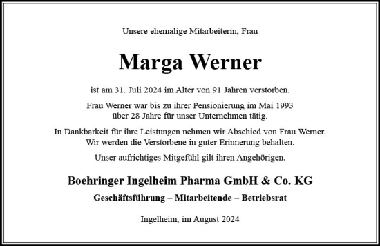 Traueranzeige von Marga Werner von Allgemeine Zeitung Rheinhessen-Nahe