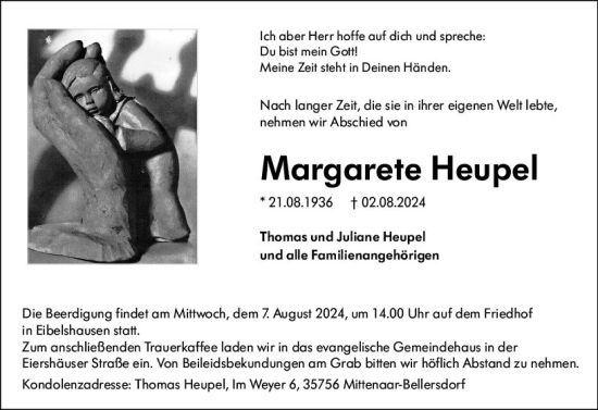 Traueranzeige von Margarete Heupel von Dill Block