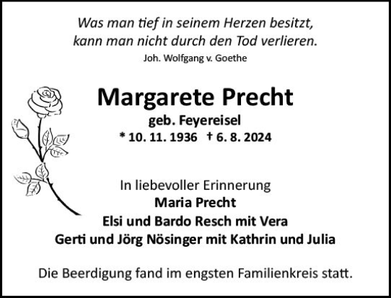 Traueranzeige von Margarete Precht von Allgemeine Zeitung Mainz