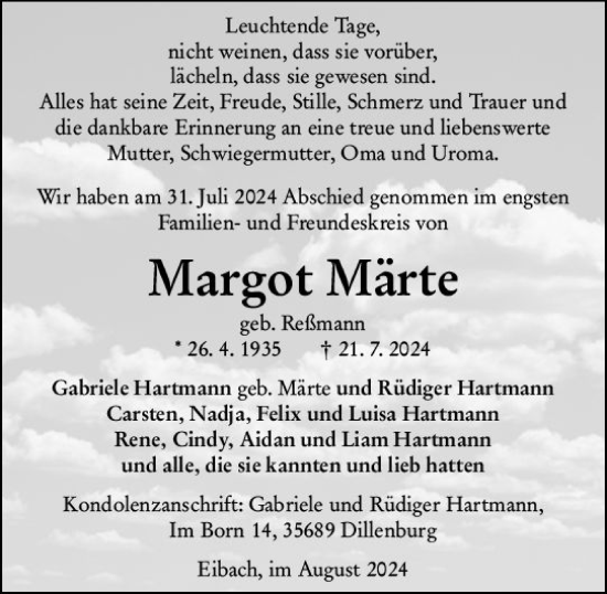 Traueranzeige von Margot Märte von Hinterländer Anzeiger