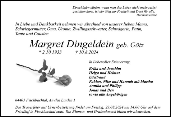 Traueranzeige von Margret Dingeldein von Darmstädter Echo