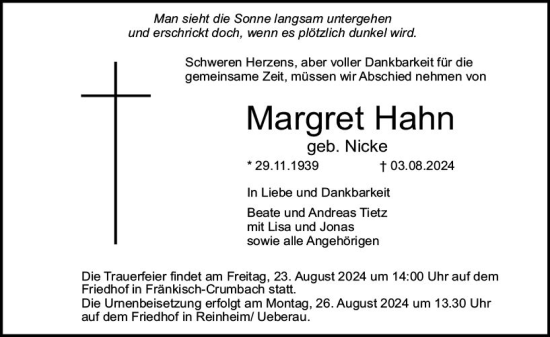 Traueranzeige von Margret Hahn von Odenwälder Echo