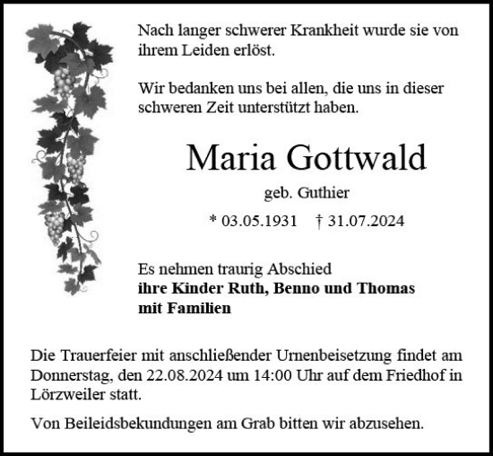 Traueranzeige von Maria Gottwald von Allgemeine Zeitung Mainz