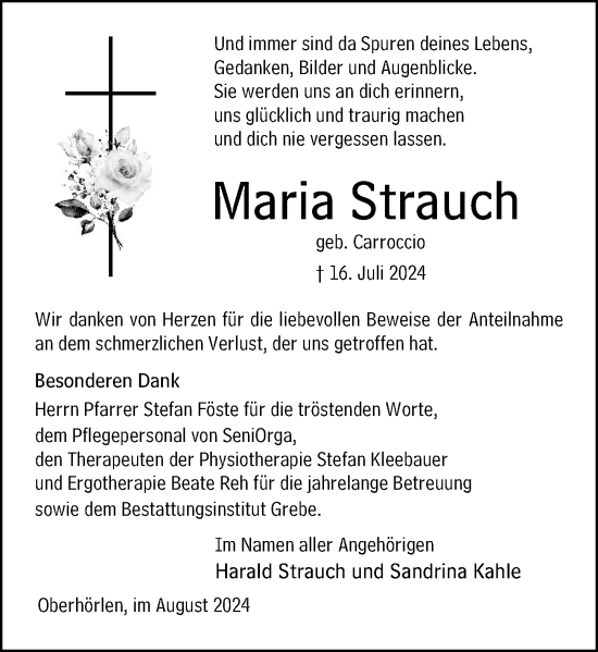 Traueranzeige von Maria Strauch von Hinterländer Anzeiger