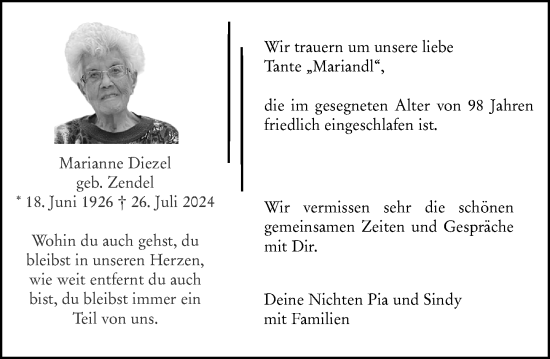 Traueranzeige von Marianne Diezel von Allgemeine Zeitung Mainz