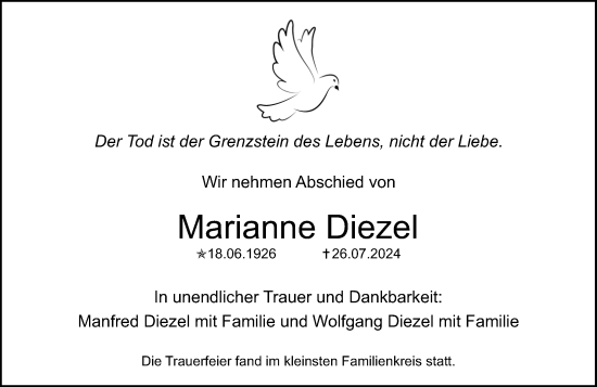 Traueranzeige von Marianne Diezel von Allgemeine Zeitung Mainz