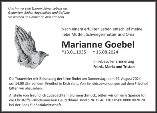 Traueranzeige von Marianne Goebel von Camberger Anzeiger