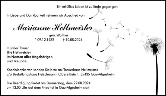 Traueranzeige von Marianne Hellmeister von Allgemeine Zeitung Rheinhessen-Nahe