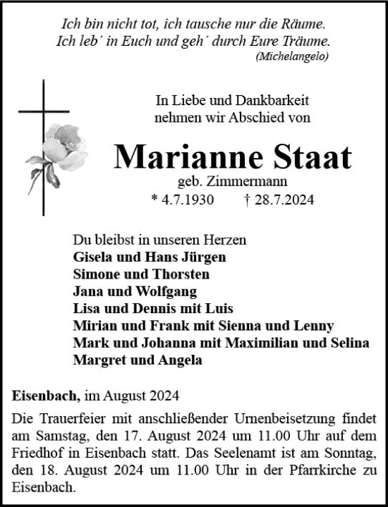 Traueranzeige von Marianne Staat von Camberger Anzeiger