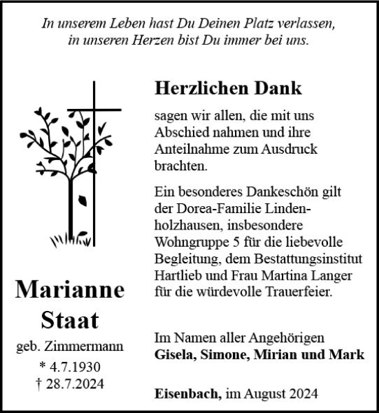 Traueranzeige von Marianne Staat von Camberger Anzeiger