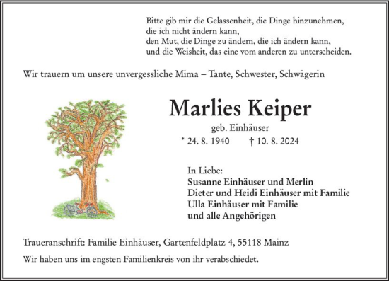 Traueranzeige von Mariies Keiper von Allgemeine Zeitung Mainz