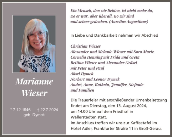 Traueranzeige von Marianne Wieser von Groß-Gerauer Echo