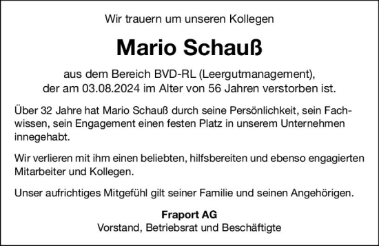 Traueranzeige von Mario Schauß von Camberger Anzeiger