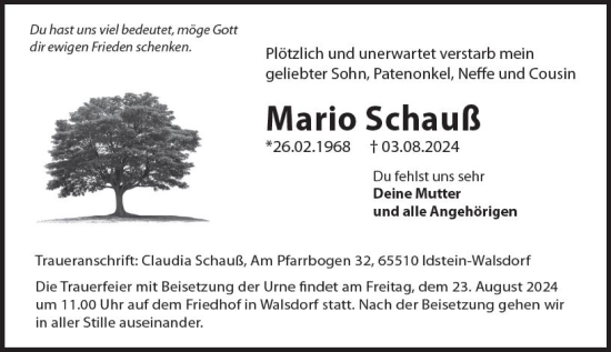 Traueranzeige von Mario Schauß von Camberger Anzeiger