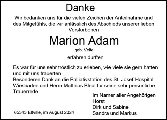 Traueranzeige von Marion Adam von Wiesbadener Kurier