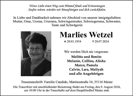 Traueranzeige von Marlies Wetzel von Allgemeine Zeitung Mainz