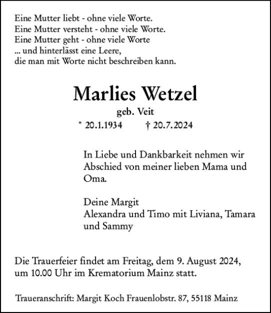 Traueranzeige von Marlies Wetzel von Allgemeine Zeitung Mainz