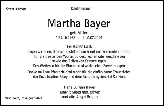 Traueranzeige von Martha Bayer von Allgemeine Zeitung Alzey