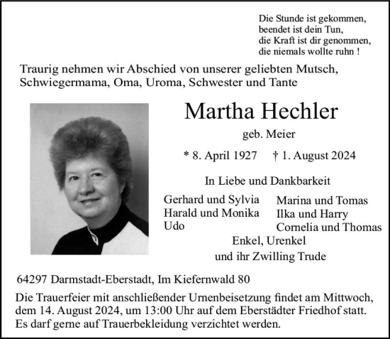 Traueranzeige von Martha Hechler von Darmstädter Echo