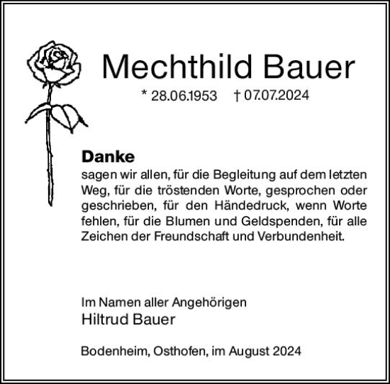 Traueranzeige von Mechthild Bauer von Allgemeine Zeitung Mainz