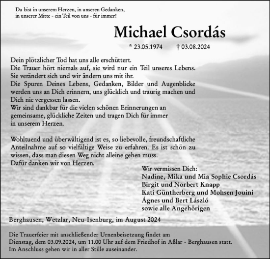 Traueranzeige von Michael Csordas von Wetzlarer Neue Zeitung