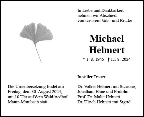 Traueranzeige von Michael Helmert von Allgemeine Zeitung Mainz