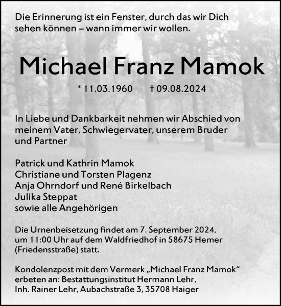 Traueranzeige von Michael Franz Mamok von Dill Block