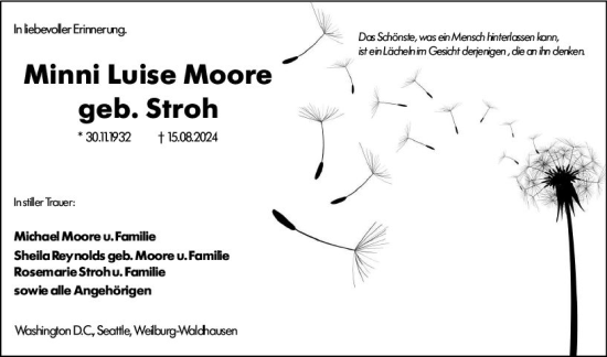 Traueranzeige von Minni Luise Moore von Weilburger Tageblatt