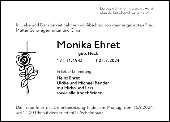 Traueranzeige von Monika Ehret von Rüsselsheimer Echo