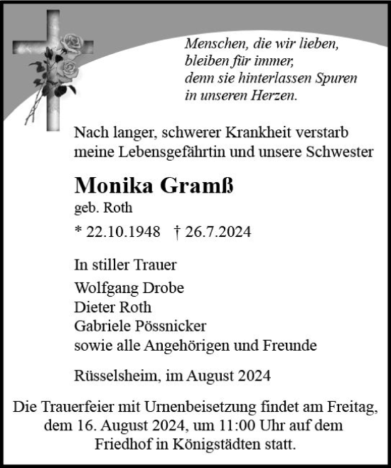 Traueranzeige von Monika Gramß von Rüsselsheimer Echo