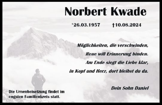 Traueranzeige von Norbert Kwade von Allgemeine Zeitung Alzey