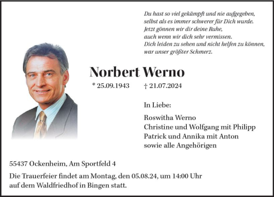 Traueranzeige von Norbert Werno von Allgemeine Zeitung Rheinhessen-Nahe