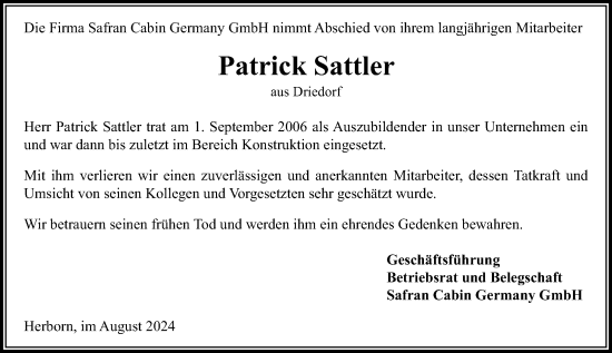 Traueranzeige von Patrick Sattler von Dill Block
