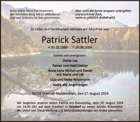 Traueranzeige von Patrick Sattler von Dill Block