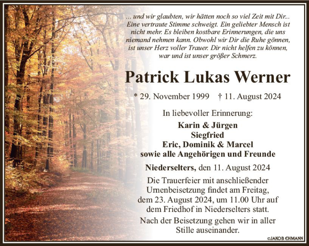  Traueranzeige für Patrick Lukas Werner vom 22.08.2024 aus Camberger Anzeiger