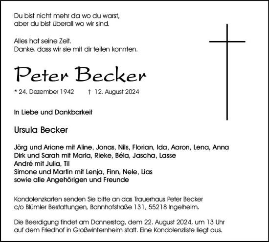 Traueranzeige von Peter Becker von Allgemeine Zeitung Rheinhessen-Nahe