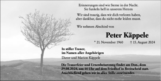 Traueranzeige von Peter Käppele von Dill Block