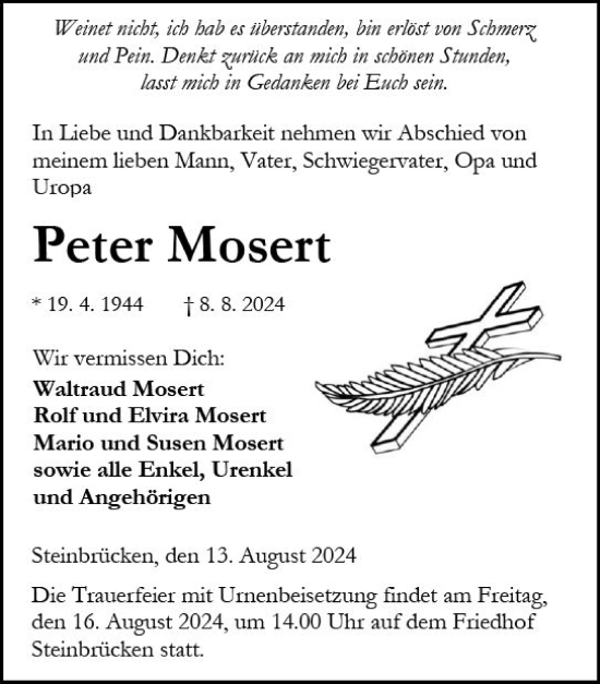 Traueranzeige von Peter Mosert von Dill Block
