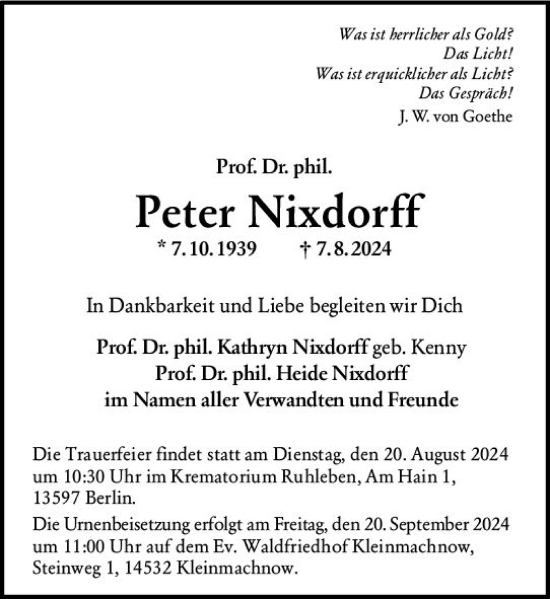 Traueranzeige von Peter Nixdorff von Darmstädter Echo