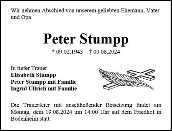 Traueranzeige von Peter Stumpp von Allgemeine Zeitung Mainz