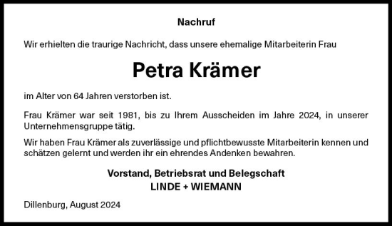 Traueranzeige von Petra Krämer von Dill Block