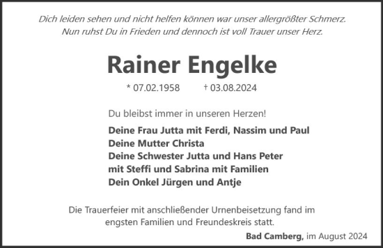 Traueranzeige von Rainer Engelke von Camberger Anzeiger