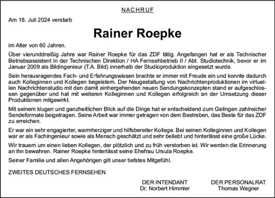 Traueranzeige von Rainer Roepke von Allgemeine Zeitung Alzey