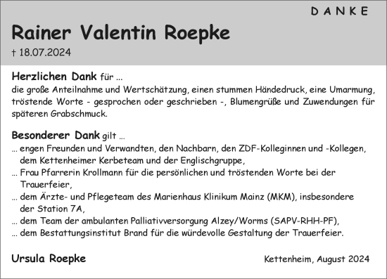 Traueranzeige von Rainer Valentin Roepke von Allgemeine Zeitung Alzey