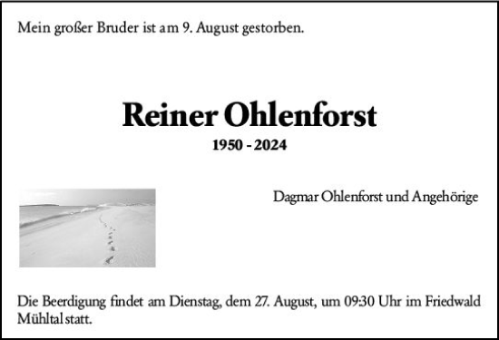 Traueranzeige von Reiner Ohlenforst von Darmstädter Echo