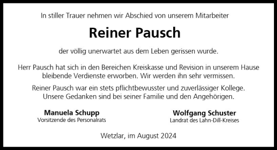 Traueranzeige von Reiner Pausch von Wetzlarer Neue Zeitung