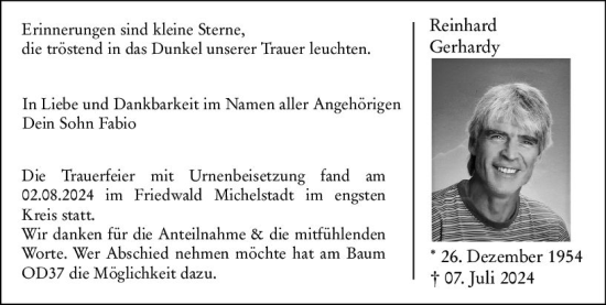 Traueranzeige von Reinhard Gerhardy von Odenwälder Echo