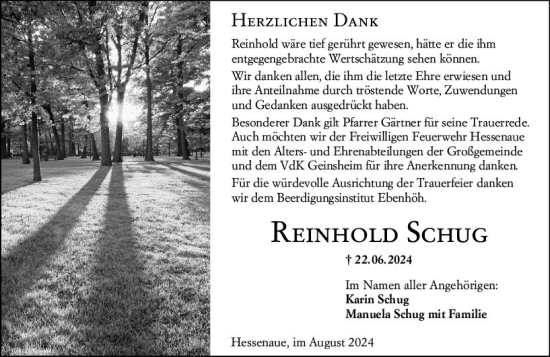 Traueranzeige von Reinhold Schug von Groß-Gerauer Echo