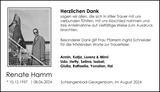 Traueranzeige von Renate Hamm von Wiesbadener Kurier