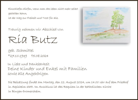 Traueranzeige von Rita Butz von Allgemeine Zeitung Rheinhessen-Nahe